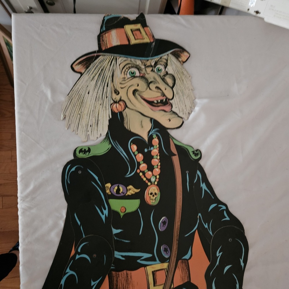 Vintage Original Die Cut 58" Jointed Halloween Witch by Beistle Ripped Hat Skull - Picture 2 of 16